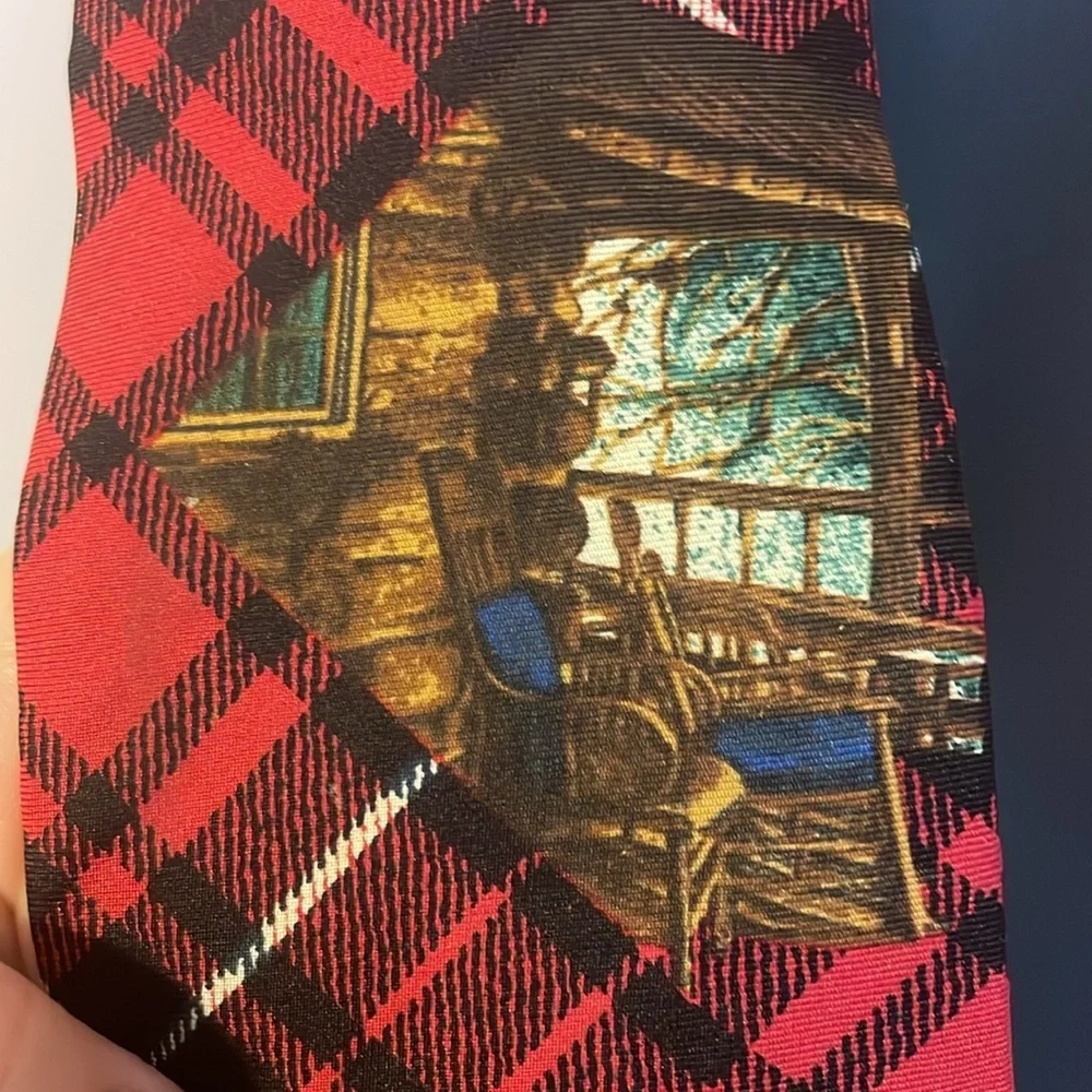 Structure Silk Italian Fabric Vintage Red Plaid Cabin in Woods Necktie Tie